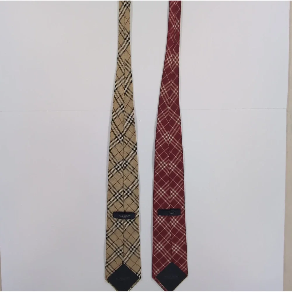 Burberry Mens Neckties Lot 2 OS Tan Red Nova Check Silk AS IS Craft Repair